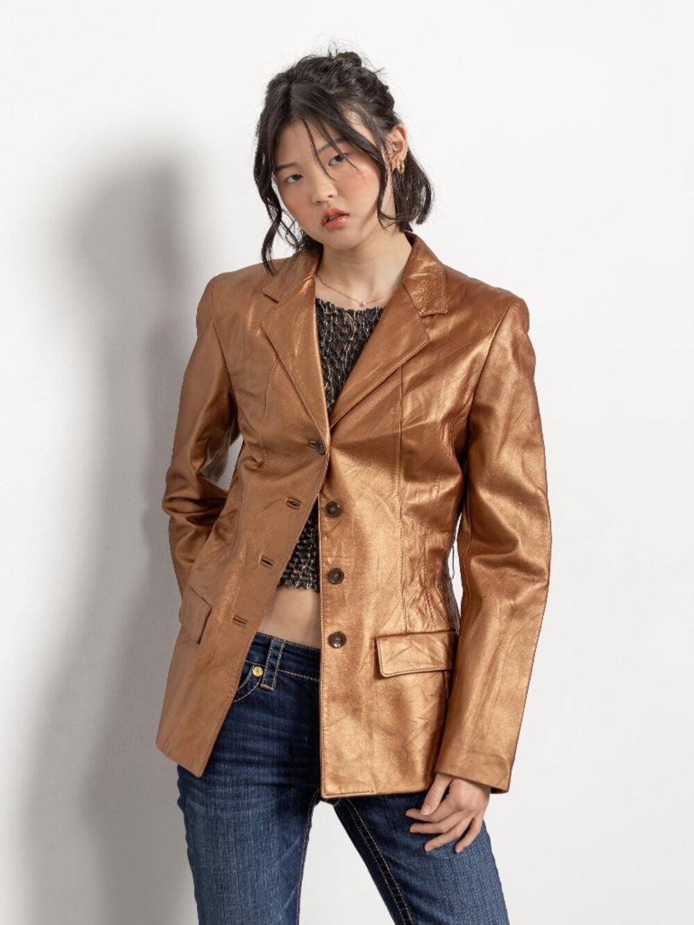 GOLD LEATHER BLAZER Vintage Jacket Coat Women 90's / Small Medium